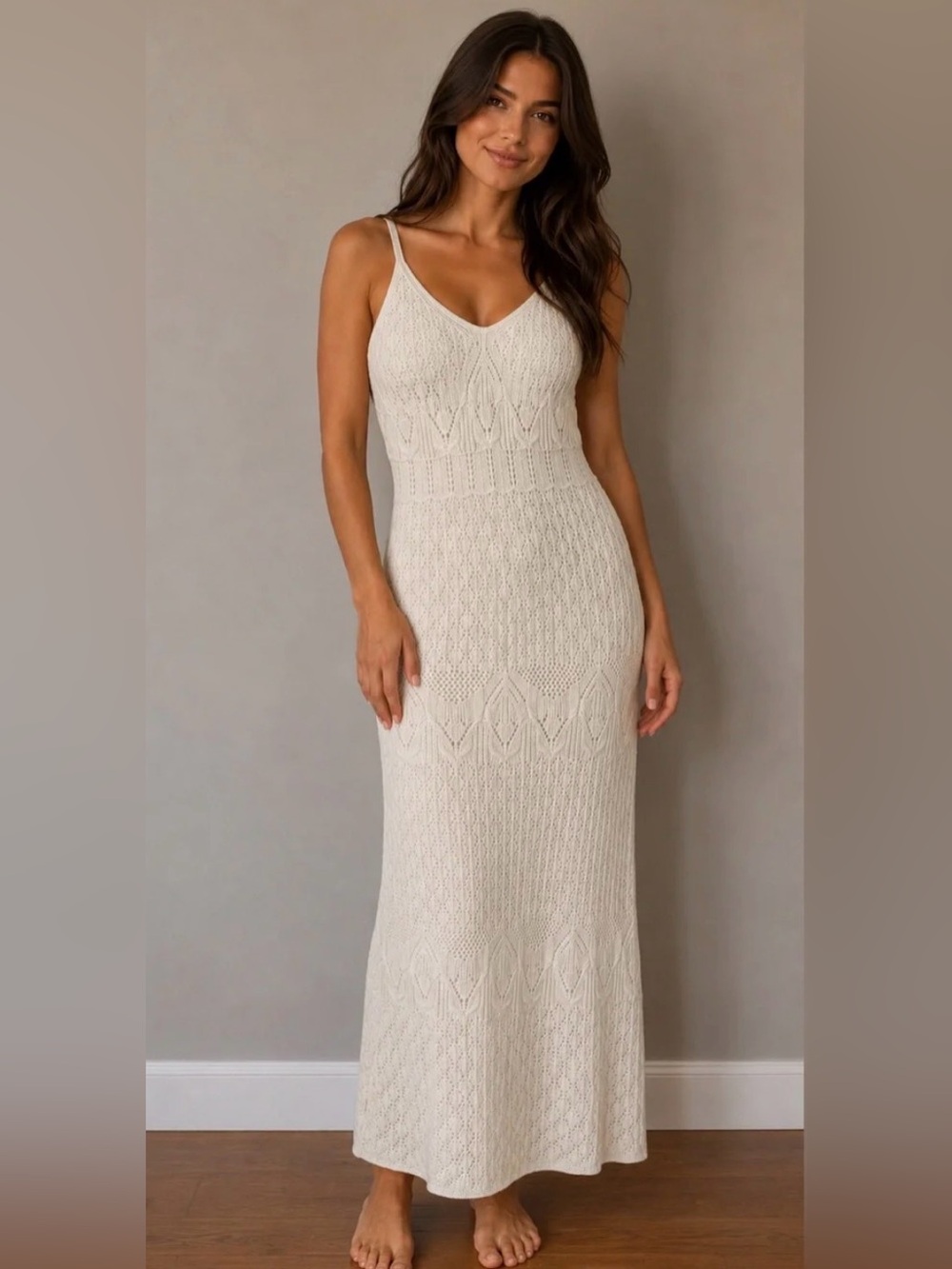 Cream Sleeveless Crochet Knit Maxi Dress Freshman 1996